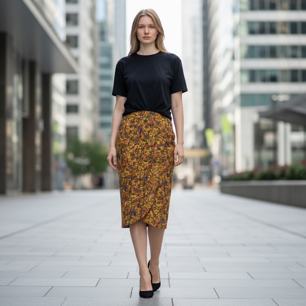 🌻VINTAGE 80s 90s Courtenay Floral Wrap Tapered Hem Cocoon Midi Skirt 26" Waist